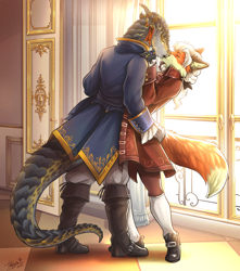 Size: 2150x2430 | Tagged: safe, artist:tatujapa, oc, canine, fox, lizard, mammal, reptile, anthro, 2022, anthro/anthro, boots, clothes, ear piercing, earring, indoors, jewelry, kissing, male, male/male, piercing, ring, scales, shipping, shoes, tail