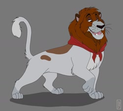 Size: 1289x1164 | Tagged: safe, artist:jashindepressedclown, dodger (oliver & company), big cat, feline, lion, mammal, feral, disney, oliver & company, 2021, 2d, bandanna, clothes, gray background, lionified, male, simple background, solo, solo male, species swap