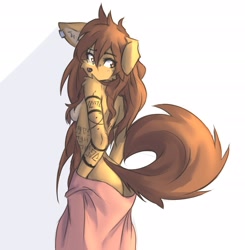 Size: 2181x2224 | Tagged: safe, artist:tinygaypirate, oc, oc:apogee (tinygaypirate), canine, dog, mammal, anthro, 2022, big breasts, big butt, body markings, braless, breasts, brown body, brown eyes, brown fur, brown hair, butt, ear piercing, female, fur, hair, looking back, multicolored fur, piercing, pinup, simple background, solo, solo female, strategically covered, two toned body, two toned fur, undressing, white background, wide hips