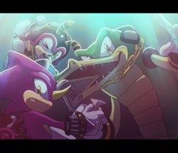 Size: 1500x1289 | Tagged: safe, artist:flowerqliphoth, charmy bee (sonic), espio the chameleon (sonic), vector the crocodile (sonic), arthropod, bee, chameleon, crocodile, crocodilian, insect, lizard, reptile, anthro, sega, sonic the hedgehog (series), 2022, male, males only, trio, trio male