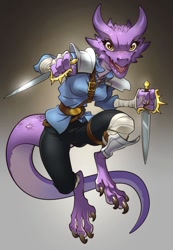 Size: 833x1206 | Tagged: safe, artist:ayemev, fictional species, kobold, reptile, anthro, 2022, bottomwear, clothes, dagger, dual wielding, female, holding, holding object, holding weapon, horns, pants, shirt, solo, solo female, tail, topwear, weapon