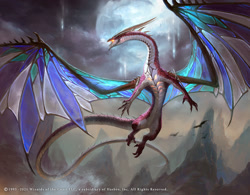 Size: 1290x1008 | Tagged: safe, artist:jsraphael57, official art, dragon, fictional species, reptile, feral, magic the gathering, 2022, ambiguous gender, flying, horns, tail, wings
