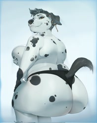 Size: 1602x2048 | Tagged: suggestive, artist:boardwalkfogg, canine, dalmatian, dog, mammal, anthro, 2022, breasts, butt, female, huge breasts, huge butt, looking at you, looking back, looking back at you, raised tail, sitting, solo, solo female, tail, thick thighs, thighs, wide hips
