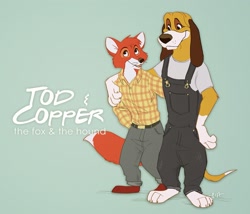 Size: 2607x2227 | Tagged: safe, artist:ritwells, copper (the fox and the hound), tod (the fox and the hound), bloodhound, canine, dog, fox, mammal, red fox, anthro, disney, the fox and the hound, 2017, 2d, anthrofied, duo, duo male, male, males only