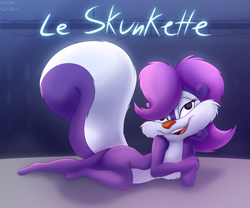 Size: 1200x1000 | Tagged: safe, artist:funktilda, fifi la fume (tiny toon adventures), mammal, skunk, anthro, cc by-nc-nd, creative commons, tiny toon adventures, warner brothers, 2021, 2d, female, french text, looking at you, solo, solo female