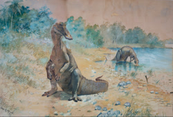 Size: 1154x785 | Tagged: safe, artist:charles r. knight, dinosaur, duck-billed dinosaur, reptile, feral, lifelike feral, 1897, ambiguous gender, duo, edmontosaurus, non-sapient, outdated paleoart, paleoart, prehistoric, public domain, realistic, traditional art