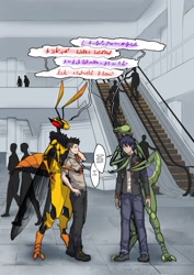 Size: 2150x3035 | Tagged: safe, artist:colrin_art, arthropod, human, insect, mammal, praying mantis, wasp, anthro, 2022, female, male, male/female, mall, size difference, wings