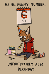 Size: 2000x3000 | Tagged: safe, artist:definitelynotcoffee, canine, fox, mammal, 2022, alcohol, beer, birthday, birthday cake, birthday hat, cake, drink, food, fur, glasses, male, multicolored fur, orange body, orange fur, party horn, sitting, solo, solo male, text, two toned body, two toned fur