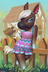 Size: 633x950 | Tagged: safe, artist:miles-df, reneigh (animal crossing), tom nook (animal crossing), arthropod, canine, equine, horse, insect, mammal, raccoon dog, wasp, anthro, animal crossing, animal crossing: new horizons, nintendo, 2020, duo, female, female focus, looking at you, male, mare, solo focus, ungulate