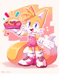 Size: 1700x2125 | Tagged: safe, artist:nabii blue, miles "tails" prower (sonic), canine, fox, mammal, red fox, anthro, sega, sonic the hedgehog (series), 2022, breakfast, looking at you, male, open mouth, open smile, smiling, smiling at you, solo, solo male