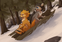 Size: 2500x1700 | Tagged: safe, artist:reysi, humphrey (alpha and omega), kate (alpha and omega), canine, mammal, wolf, feral, alpha and omega, 2018, 2d, duo, female, male, paws, plant, sledding, snow, tree