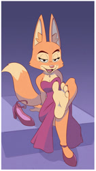 Size: 1206x2144 | Tagged: safe, artist:kuroi_wolf, diane foxington (the bad guys), canine, fox, mammal, anthro, dreamworks animation, the bad guys, barefoot, bedroom eyes, big breasts, breasts, claws, cleavage, clothes, cute, cute little fangs, fangs, feet, female, foot fetish, foot focus, high heels, looking at you, one shoe off, open mouth, open smile, phone, shoes, sitting, smiling, smiling at you, soles, solo, solo female, teeth, toe claws, toes, vixen