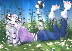 Size: 1100x778 | Tagged: safe, artist:awakeningwind, big cat, cat, feline, mammal, tiger, anthro, 2022, cigarette, clothes, fangs, female, field, fur, grass, grass field, jeans, pants, paws, sharp teeth, smiling, smoking, solo, solo female, tail, teeth, whiskers
