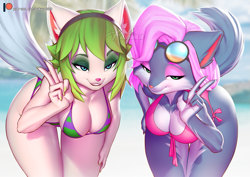 Size: 1269x897 | Tagged: safe, artist:pakwan008, salt (paladins), canine, fox, mammal, anthro, paladins, 2022, absolute cleavage, bedroom eyes, bent over, bikini, breasts, cleavage, clothes, digital art, duo, duo female, ears, eyelashes, female, females only, fur, gesture, glasses, glasses on head, hair, hanging breasts, looking at you, nudity, partial nudity, peace sign, pepper (paladins), pink nose, pose, round glasses, selfie, sharp teeth, smiling, smiling at you, sunglasses, sunglasses on head, swimsuit, tail, teeth, thighs, vixen, wide hips