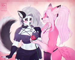 Size: 1199x956 | Tagged: suggestive, artist:completealienation, loona (vivzmind), canon x oc, oc, canine, fictional species, hellhound, mammal, wolf, anthro, hazbin hotel, helluva boss, 2021, bedroom eyes, big breasts, black nose, blushing, bottomwear, breasts, clothes, collar, colored sclera, commission, digital art, duo, ears, eyelashes, female, fingerless gloves, flower, fur, gloves, hair, interspecies, loincloth, male, male/female, nipple outline, open mouth, partial nudity, pecs, plant, red sclera, sharp teeth, shipping, shorts, simple background, spiked collar, tail, tank top, teeth, thighs, topless, topwear, wide hips