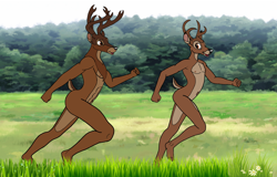 Size: 1692x1080 | Tagged: suggestive, artist:ledorean, bambi (bambi), the great prince of the forest (bambi), cervid, deer, mammal, anthro, plantigrade anthro, bambi (film), disney, adult, age difference, anthrofied, drawn on phone, duo, father, father and child, father and son, forest, male, mature, mature male, nudism, nudity, older, running, son, teenager, young, younger male