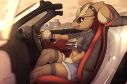 Size: 4096x2720 | Tagged: suggestive, artist:zinfyu, fictional species, lopunny, mammal, anthro, nintendo, pokémon, 2022, arm fluff, belly button, black sclera, bottomwear, bra, breasts, car, city, cityscape, clothes, colored sclera, detailed background, digital art, driving, ears, eyelashes, female, fishnet, fishnet stockings, fur, glasses, legwear, looking at you, open mouth, pink nose, porsche, porsche boxster, see-through, shirt, shirt lift, shorts, side view, sideboob, sitting, solo, solo female, stockings, sunglasses, tail, thighs, tongue, topwear, underwear, vehicle, wide hips