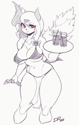 Size: 760x1200 | Tagged: safe, artist:drakeraynier, absol, fictional species, mammal, anthro, nintendo, pokémon, 2022, belly button, big breasts, bikini, bikini top, black nose, breasts, claws, clothes, digital art, drink, ears, eyelashes, female, fur, gift art, hair, horn, loincloth, looking at you, monochrome, simple background, sketch, solo, solo female, swimsuit, tail, thighs, waitress, white background, wide hips