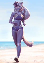 Size: 906x1280 | Tagged: safe, artist:pakwan008, oc, oc only, cat, feline, mammal, anthro, 2021, beach, bedroom eyes, belly button, bottomwear, breasts, clothes, cloud, commission, detailed background, digital art, ears, eyelashes, female, fur, hair, headphones, headwear, jogging, looking at you, ocean, pink nose, sand, shoes, shorts, sky, solo, solo female, sports bra, sports shorts, tail, thighs, topwear, water, wide hips