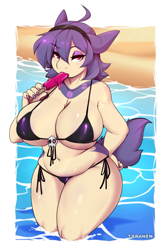 Size: 881x1345 | Tagged: safe, artist:teranen, animal humanoid, fictional species, hisuian typhlosion, mammal, typhlosion, humanoid, nintendo, pokémon, 2022, beach, belly, bikini, breasts, clothes, female, food, huge breasts, partially submerged, popsicle, slightly chubby, solo, solo female, starter pokémon, swimsuit, tail, thick thighs, thighs, wide hips
