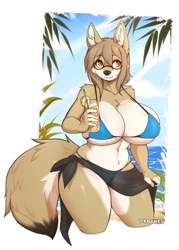 Size: 985x1378 | Tagged: safe, artist:teranen, oc, oc only, canine, mammal, wolf, anthro, 2022, absolute cleavage, beach, belly button, bikini, black nose, border, breasts, cleavage, clothes, drink, female, glasses, huge breasts, midriff, nudity, partial nudity, round glasses, solo, solo female, swimsuit, thick thighs, thighs, white border, wide hips