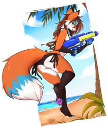 Size: 1243x1465 | Tagged: safe, artist:teranen, canine, fox, mammal, anthro, 2022, beach, bikini, border, breasts, butt, clothes, female, solo, solo female, swimsuit, tail, thick thighs, thighs, water gun, white border, wide hips