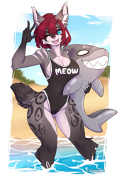 Size: 897x1333 | Tagged: safe, artist:teranen, cat, feline, fish, mammal, shark, anthro, 2022, beach, big breasts, border, breasts, clothes, female, one-piece swimsuit, partially submerged, pool toy, solo, solo female, swimsuit, thick thighs, thighs, water, white border, wide hips