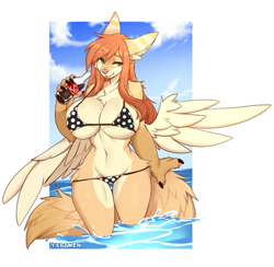 Size: 1405x1372 | Tagged: safe, artist:teranen, oc, oc only, canine, fox, mammal, anthro, 2022, absolute cleavage, almost nude, bedroom eyes, belly button, bikini, border, breasts, cleavage, clothes, drink, eyelashes, female, huge breasts, midriff, nudity, partial nudity, partially submerged, solo, solo female, swimsuit, tail, thick thighs, thighs, water, white border, wide hips, wings