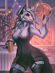 Size: 961x1280 | Tagged: safe, artist:garmadeya, loona (vivzmind), canine, fictional species, hellhound, mammal, anthro, hazbin hotel, helluva boss, 2022, bedroom eyes, black nose, bottomwear, breasts, clothes, coffee, coffee cup, colored sclera, detailed background, digital art, drink, ears, eyelashes, female, fingers, fur, hair, legwear, middle finger, office, pose, red sclera, shirt, shorts, solo, solo female, stockings, tail, thighs, topwear, unamused, vulgar, wide hips