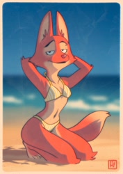 Size: 1448x2048 | Tagged: safe, artist:fox-popvli, diane foxington (the bad guys), canine, fox, mammal, anthro, dreamworks animation, the bad guys, 2022, barefoot, beach, bedroom eyes, belly button, big butt, bikini, border, breasts, butt, clothes, feet, female, hands behind head, kneeling, looking at you, ocean, sand, sky, small breasts, smiling, smiling at you, solo, solo female, swimsuit, thick thighs, thighs, toes, vixen, water, wide hips, yellow bikini, yellow swimsuit