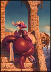Size: 1446x2048 | Tagged: safe, artist:_ptcon, fictional species, kobold, reptile, anthro, 2022, bra, breasts, butt, clothes, female, horns, huge breasts, huge butt, huge thighs, loincloth, ruins, solo, solo female, stairs, tail, thick thighs, thighs, underwear, wide hips