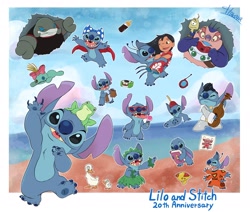 Size: 2048x1733 | Tagged: safe, artist:harara, gantu (lilo & stitch), jumba jookiba (lilo & stitch), lilo pelekai (lilo & stitch), scrump (lilo & stitch), stitch (lilo & stitch), wendy pleakley (lilo & stitch), alien, amphibian, bird, duck, experiment (lilo & stitch), fictional species, frog, human, kweltikwan, mammal, plorgonarian, shaelik, waterfowl, anthro, feral, semi-anthro, disney, lilo & stitch, 2022, 4 arms, 4 eyes, 4 fingers, 4 toes, 5 toes, anatid, angry, anniversary, anseriform, antennae, apron, baby bottle, back spines, beach, beak, binoculars, bipedal, black eyes, black hair, blue body, blue claws, blue fur, blue nose, blue pawpads, blue tongue, book, border, bra, cape, carrying, chest fluff, child, claws, clothes, coffee, colored sclera, colored tongue, communicator, dancing, dessert, dipstick antennae, drawing, drink, ears, ears down, eating, elvis impersonator, english text, eye contact, feathers, feet, female, fingers, fluff, food, footwear, fur, grass skirt, gray body, gray skin, green body, green skin, group, hair, head fluff, head tuft, holding, holding bag, holding book, holding food, holding musical instrument, holding object, hula, inanimate object, leaf bracelet, leaf crown, licking, looking at another, looking at you, lute, male, multicolored antennae, multiple arms, multiple eyes, multiple limbs, musical instrument, narrowed eyes, on head, one eye, open mouth, open smile, orange beak, outdoors, outline, outside border, paper bag, paw pads, paws, pivoted ears, plasma blaster, plasma gun, plunger, purple body, purple nose, purple skin, ragdoll, raised arm, ranged weapon, record player, red clothes, sandals, seaside, shave ice, shoes, signature, skin, smiling, spacesuit, squint, standing, text, toes, tongue, tongue out, torn ear, ukulele, underwear, weapon, webbed feet, white body, white border, white feathers, yellow sclera, young