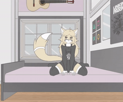 Size: 800x666 | Tagged: safe, artist:farajtank, oc, oc only, oc:chamomile, canine, fox, mammal, anthro, 2022, 2d, 2d animation, animated, bed, bedroom, brown eyes, clothes, female, fur, guitar, hair, indoors, kneeling, legwear, looking at you, multicolored fur, musical instrument, on bed, shirt, smiling, solo, solo female, tail, tail wag, tan hair, thigh highs, topwear, webm, white body, white fur