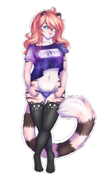 Size: 2320x3865 | Tagged: safe, artist:thecatnamedfish, oc, oc:fish (thecatnamedfish), cat, feline, mammal, anthro, 2015, belly button, cat ears, clothes, female, fur, fursona, hair, legwear, long hair, shirt, slit pupils, solo, solo female, striped fur, tail, text, text on clothing, topwear, underwear