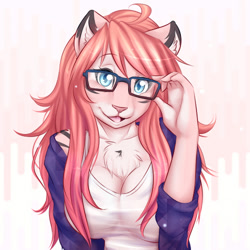 Size: 500x500 | Tagged: safe, artist:thecatnamedfish, oc, oc:fish (thecatnamedfish), anthro, 2016, breasts, chest fluff, cleavage, clothes, ears, female, fluff, fur, fursona, glasses, hair, long hair, looking at you, open mouth, open smile, smiling, solo, solo female, striped fur, tank top, topwear