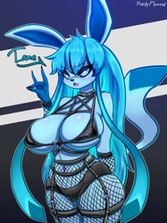 Size: 1280x1707 | Tagged: suggestive, artist:plywoodrifle, eeveelution, fictional species, glaceon, mammal, anthro, nintendo, pokémon, 2022, bedroom eyes, belly button, big breasts, bikini, black nose, blushing, breasts, clothes, dialogue, digital art, ears, eyelashes, female, fishnet, fishnet stockings, fur, hair, legwear, looking at you, open mouth, pose, see-through, solo, solo female, speech bubble, stockings, swimsuit, talking, talking to viewer, text, thighs, wide hips