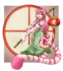 Size: 1600x1813 | Tagged: safe, artist:lavenderpandy, oc, oc:saiyuri, big cat, feline, mammal, tiger, anthro, 2022, bamboo, belly button, chinese dress, ears, femboy, frills, fur, hair, long hair, looking at you, male, multicolored fur, paper lantern, pole, solo, solo male, striped fur, tail, two toned body, two toned fur, window
