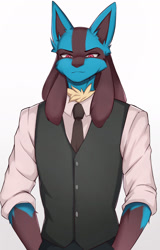 Size: 1158x1805 | Tagged: safe, artist:kironzen, fictional species, lucario, mammal, anthro, nintendo, pokémon, 2022, bedroom eyes, bottomwear, clothes, digital art, ears, fur, hair, looking at you, male, necktie, pants, simple background, solo, solo male, suit, white background