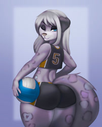 Size: 900x1117 | Tagged: safe, artist:aozee, oc, oc only, mammal, mustelid, otter, anthro, 2022, ball, bedroom eyes, bottomwear, butt, clothes, commission, digital art, ears, eyelashes, female, hair, looking at you, looking back, looking back at you, one eye closed, pose, rear view, shorts, simple background, solo, solo female, sports bra, sports shorts, thighs, topwear, volleyball, whiskers, wide hips