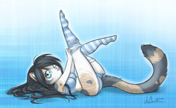 Size: 2931x1804 | Tagged: safe, artist:thecatnamedfish, oc, calico, cat, feline, mammal, anthro, 2014, blue eyes, breasts, clothes, ears, female, frills, frilly underwear, hair, legwear, long hair, looking at you, lying down, on back, panties, socks, solo, solo female, striped clothes, striped legwear, tail, tank top, topwear, underwear