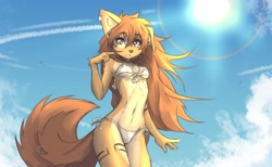 Size: 2718x1674 | Tagged: safe, artist:tinygaypirate, oc, oc:apogee (tinygaypirate), canine, dog, mammal, anthro, 2022, adorasexy, belly button, bikini, body markings, brown body, brown eyes, brown fur, brown hair, clothes, cloud, cute, ear piercing, female, fur, hair, multicolored fur, nipple outline, outdoors, pale belly, piercing, sexy, side-tie bikini, solo, solo female, sunlight, swimsuit, thong swimsuit, two toned body, two toned fur