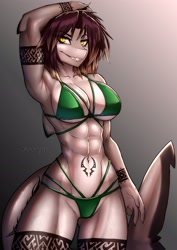 Size: 2480x3508 | Tagged: safe, artist:xaenyth, oc, oc only, oc:laguna silverjaw, fish, shark, anthro, 2021, abs, armpits, arms behind head, bedroom eyes, belly button, bikini, breasts, clothes, commission, digital art, ears, eyelashes, female, fins, fish tail, hair, looking at you, muscles, shark tail, sharp teeth, simple background, smiling, smiling at you, solo, solo female, swimsuit, tail, tattoo, teeth, thighs, wide hips