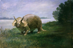 Size: 600x395 | Tagged: safe, artist:charles r. knight, ceratops, dinosaur, reptile, triceratops, feral, lifelike feral, 1901, ambiguous gender, low res, non-sapient, paleoart, prehistoric, public domain, realistic, solo, solo ambiguous, traditional art