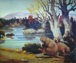 Size: 1242x1024 | Tagged: safe, artist:charles r. knight, beaver, mammal, feral, lifelike feral, 1904, ambiguous gender, castoroides, giant beaver, group, new jersey, non-sapient, paleoart, prehistoric, public domain, realistic, traditional art