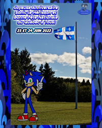 Size: 1024x1280 | Tagged: safe, artist:mrstheartist, sonic the hedgehog (sonic), hedgehog, mammal, anthro, plantigrade anthro, sega, sonic the hedgehog (series), 2022, anniversary, birthday, birthday hat, french text, male, mixed media, quebec, solo, solo male, translation request