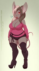 Size: 713x1280 | Tagged: safe, artist:lavenderpandy, oc, oc:terri (lavenderpandy), mammal, mouse, rodent, anthro, 2016, belt, big breasts, bottomwear, breasts, cleavage, clothes, ears, female, glasses, hair, high heel boots, legwear, lips, looking at you, multicolored hair, open mouth, short shorts, shorts, solo, solo female, tail, topwear, two toned hair