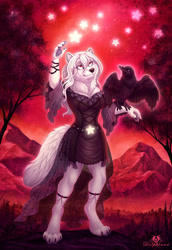 Size: 824x1200 | Tagged: safe, artist:dolphiana, arctic fox, bird, canine, corvid, fox, mammal, raven, songbird, anthro, feral, 2022, ambiguous gender, beak, black body, cheek fluff, clothes, digital art, dress, duo, ear fluff, ears, feathers, female, fluff, fur, goth, hair, mountain, outdoors, paws, plant, red eyes, solo focus, standing, stars, tail, tail fluff, tree, white body, white fur, white hair, wings