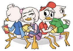 Size: 1381x961 | Tagged: safe, artist:paperbagedhead, dewey duck (disney), huey duck (disney), louie duck (disney), webby vanderquack (ducktales), bird, duck, waterfowl, anthro, disney, ducktales, ducktales (2017), mickey and friends, 2d, brother, brothers, burger, drink, drinking, drinking straw, eating, eyes closed, female, food, french fries, group, male, siblings, simple background, triplets, white background, young
