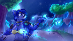 Size: 1280x720 | Tagged: safe, artist:viejillox, krystal (star fox), canine, fox, mammal, anthro, nintendo, star fox, 2018, belly button, bikini, bikini top, black nose, breasts, clothes, detailed background, digital art, ears, eyelashes, female, forest, fur, hair, jewelry, moon, necklace, night, open mouth, plant, shoulder pads, sky, solo, solo female, swimsuit, tail, thighs, tongue, tree, tribal markings, vixen, wide hips
