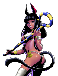 Size: 403x524 | Tagged: safe, official art, lovely mummy (metal slug attack), animal humanoid, fictional species, mammal, humanoid, metal slug, metal slug attack, snk, 2016, bikini, bikini bottom, black hair, blue eyes, bra, bracelet, breasts, butt, cat ears, cat tail, character sheet, claws, collar, concept art, egyptian, female, hair, high heels, jewelry, lingerie, lipstick, long hair, makeup, no sclera, red skin, simple background, solo, solo female, staff, swimsuit, transparent background, underwear, white bikini